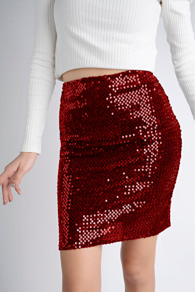 Moda Lalin 47 cm 170 Sequined Mini Skirt Red