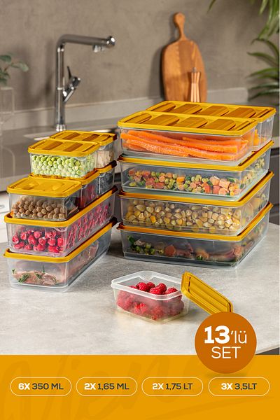 Vienev 13Pcs Refrigerator Freezer Organizer and Storage Container Orange6X(350ml) 2X(1.65Lt) 3X(3.5Lt) 2X(1.75Lt)