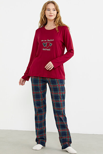 Sementa Nakış Detaylı Ekose Pijama Takım - Kırmızı