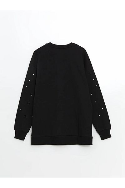 LC Waikiki LCW Modest Black Crew Neck Γυναικείο Χοντρό Φούτερ με γυαλιστερές πέτρες