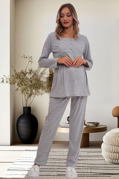 Mecit Pijama طقم بيجامة نسائي للحوامل بأكمام طويلة وتفاصيل من الجبر