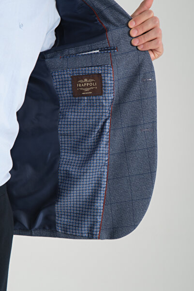 Frappoli Mendes Чоловічий темно-синій картатий блейзер зі звуженим кроєм та монокомір