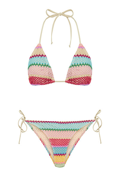 AQUELLA Triko Renkli Desenli Üçgen Bikini Takım