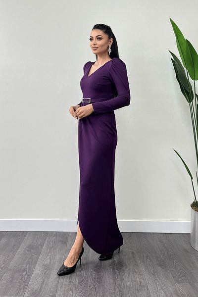 giyimmasalı Imported Crepe Fabric Pleat Detailed Dress - Eggplant Purple