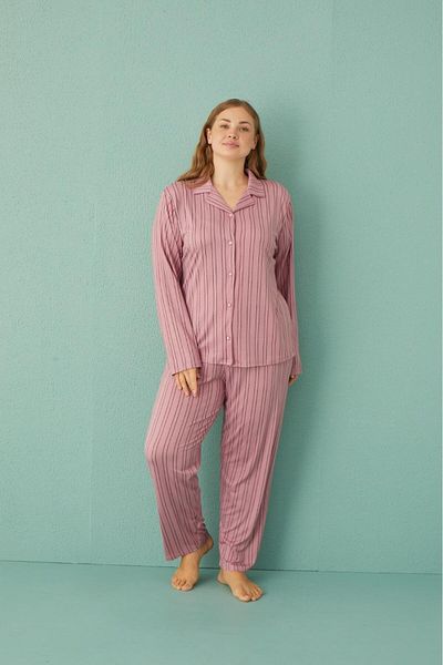 Pemilo Women's Plus Size Pajamas Set 50801-129 - Button-Front, Powder