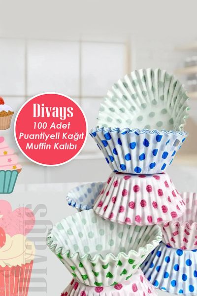 DİVAYS 100 Pieces Muffin Cupcake Cake Capsules - Polka Dot Paper Cake Mold