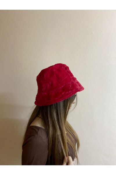sema aksesuar Winter Red Plush Bucket Hat - Bucket Hat - New Year Christmas Gift
