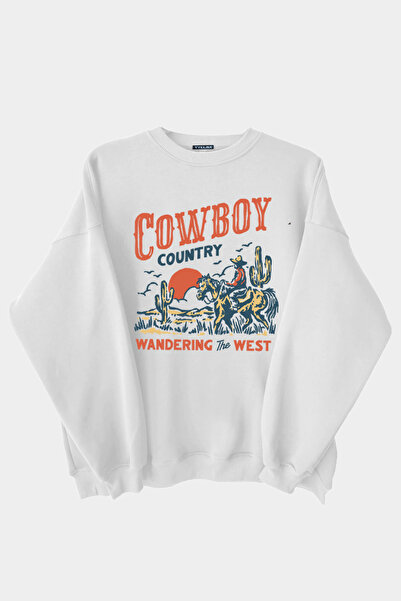 Vatkalimon Hanorac oversize unisex alb cu imprimeu Cowboy, cu lână groasă în ...