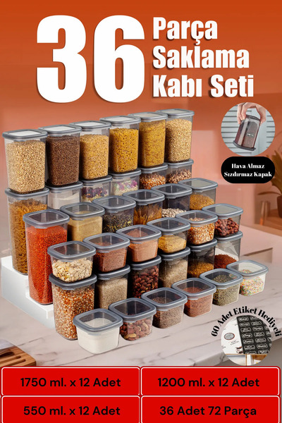 Yetex 36 Adet 72 Parça 550 ml. 1200 ml. 1750 ml. Sızdırmaz Kapaklı Kare Erzak...