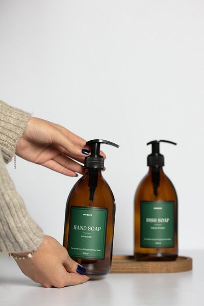 homence Amber Glass Liquid Soap - Pack of 2, Wooden Stand, Green Label, 500ml Dishwashing Detergent
