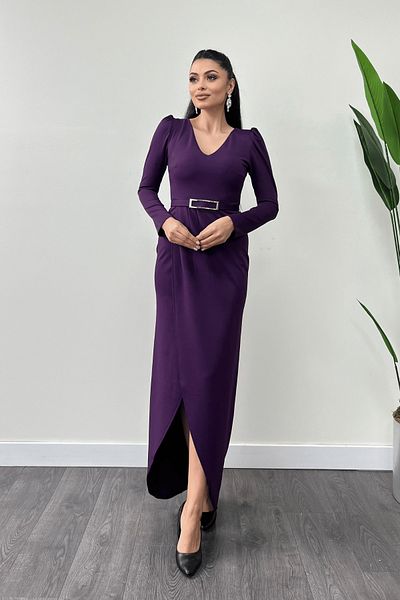 giyimmasalı Imported Crepe Fabric Pleat Detailed Dress - Eggplant Purple