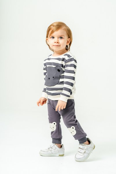 voyyo kids baby Striped Bear Printed Seasonal Long Sleeve Cycling Collar Bottom 3-6-9-12-18 Months Baby Boy Set