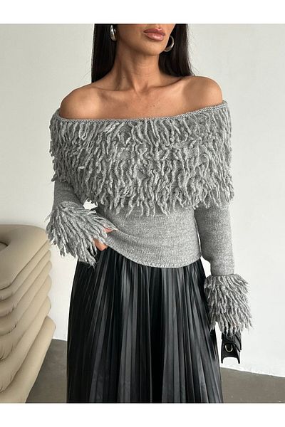 Bak'ap Pulover tricot cu ciucuri cu guler Madonna și mâneci