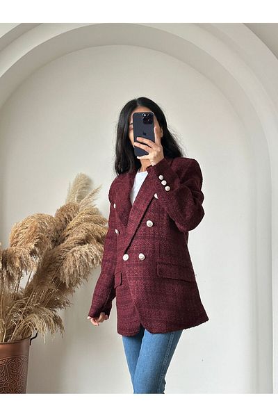 solena sln Blazer pentru damă, sezon nou, din tweed, cu piept dublu, burgundă