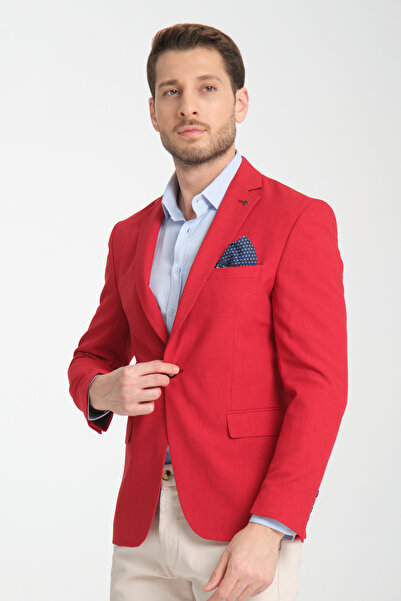 Frappoli Arunte Erkek Kırmızı Keten Görünümlü Ince Dört Mevsim Giyilebilir Slim Fit Blazer Ceket