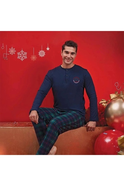Genel Markalar Over Sleep 1586 Erkek Kışlık Yılbaşı Penye Şardonlu Pijama Takım