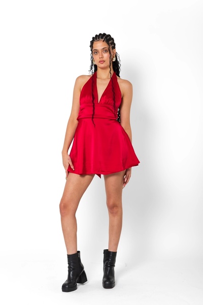 Bak Moda Red Mini Satin Dress with Belted Back Low Cut
