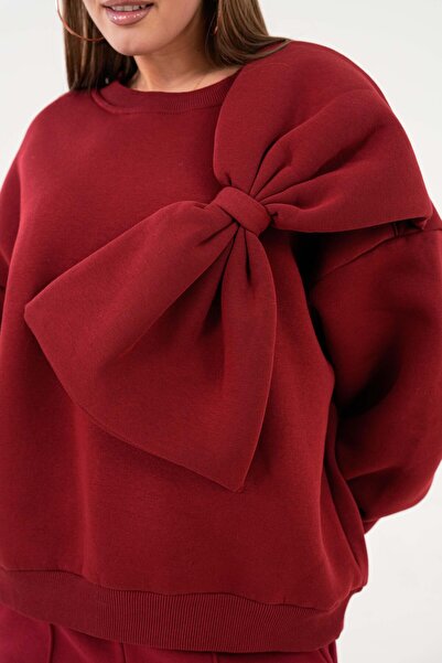 minaaise Claret Red Bow részletes tervezésű pulóver és melegítőnadrág szett - 28362