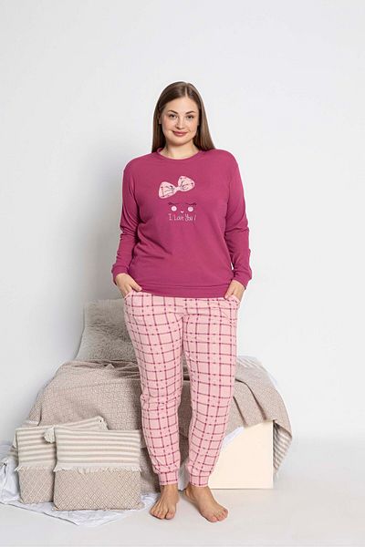 GUAVA+ Pink Printed Thermal Large Size Women's Long Sleeve Pjamas Suit