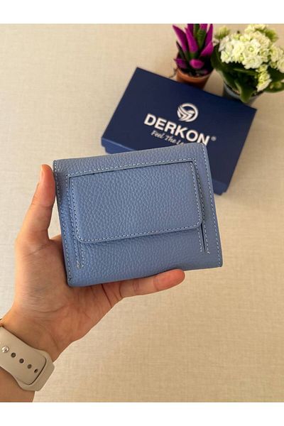 DERKON Genuine Leather Wallet with Small Loose Card Holder Misha Model Light Blue