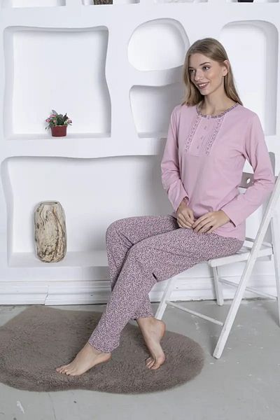 ALİMER Women's Pajama Set with Embroidery Detail - Dusty Rose Long Sleeve Combed 2818Uk