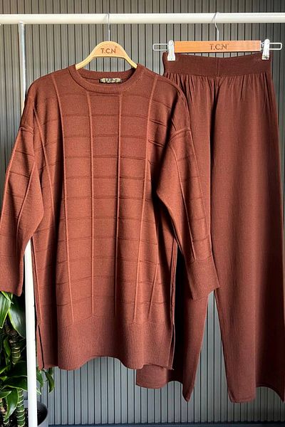 Bold Grup Καφέ Πλεκτό Γυναικείο Σετ - Standard Tunic, Παντελόνι και Λεπτομέρεια Hijab