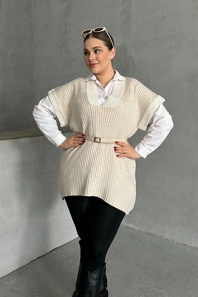 Stil Diva Plus Size V-Neck Short Sleeve Knitwear Sweater 302137