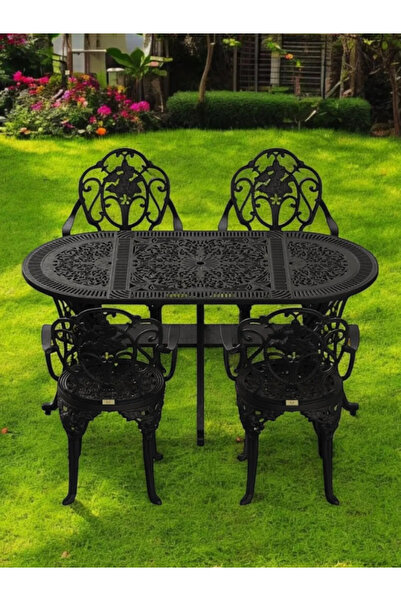IVF Isparta Model Ferforje Görünümlü Plastik Oval 4'lü Masa ve Sandalye Takım...