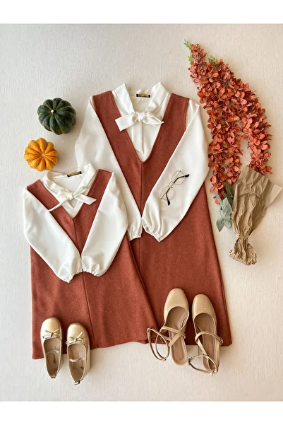 KÜÇÜĞÜM BUTİK Salmon Color Short Stamp Gilet Dress Mother and Daughter Combination (Sold Single)