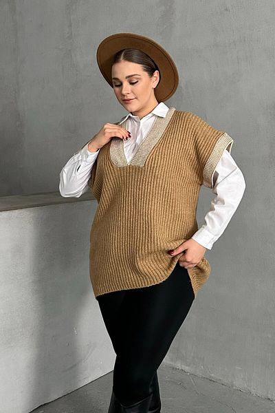 Stil Diva Plus Size V-Neck Short Sleeve Knitwear Sweater 302135