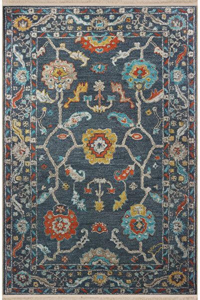 Rugs Modern Halı Berlin Lacivert Temalı Çok Renkli Motifli Etnik Çiçek Desenl...