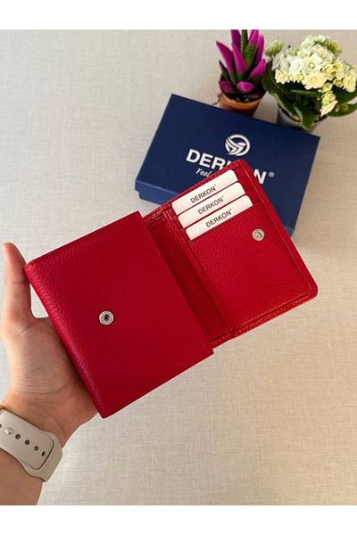 DERKON Misha Model Red Genuine Leather Wallet - Small with Plenty of Card Holders