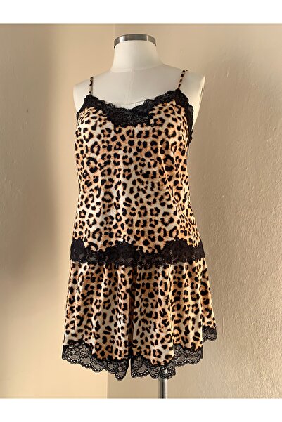 KATİ MOS DESİGN Leopar desenli dantelli Üst & Şort Pijama takımı, %100 pamuk ...