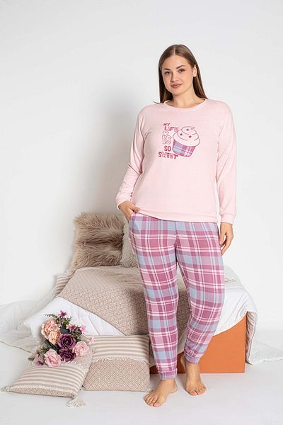 GUAVA+ Pink Printed Large Size Women's Thermal Long Sleeve Pjamas Suit