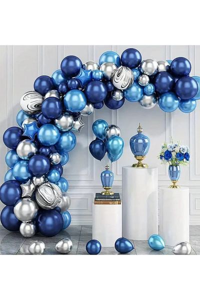 Ezgi Party Store Navy Blue Silver Chrome Balloon Chain Set - 100Pcs Baby Circumcision Birthday
