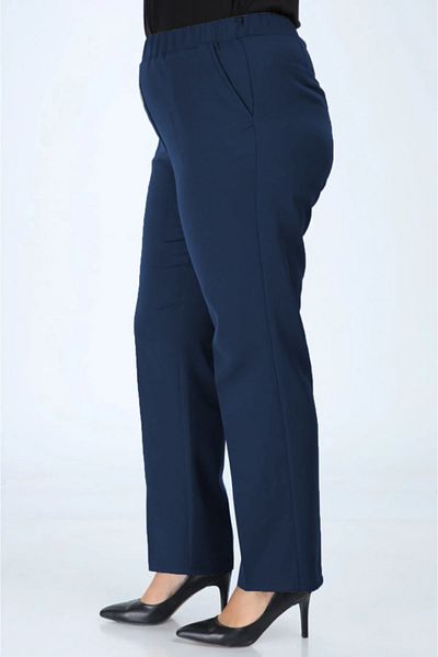 ASYA GİYİM Women's Navy Blue Elastic Waist Large Size Pants Fabric Pants