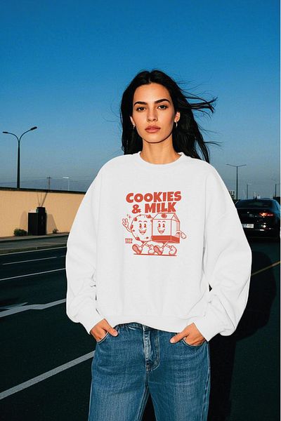 Vatkalimon Cookies & Milk Printed White Unisex Thick Fleece Inside Oversize Sweatshirt