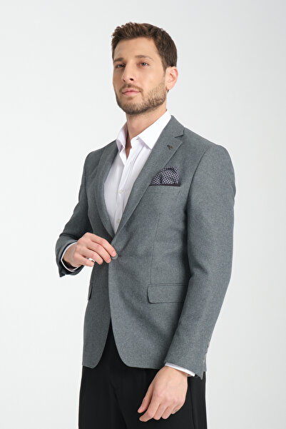 Frappoli Icardi Erkek Gri Dokulu Kumaş Mono Yaka Slim Fit Spor Blazer Ceket
