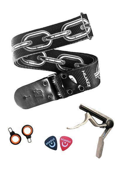 hijazz Gitar Strap with Genuine Leather End, Strap Lock, Guitar Capo and Plectrums