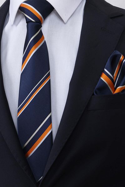 Esgue Handmade 7.5 cm Navy Blue Mustard Striped Handkerchief Tie