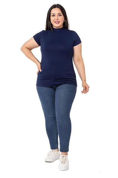 DISENTIS MODEST Large Size Half Fisherman Short Sleeve Viscose Navy Blue Body