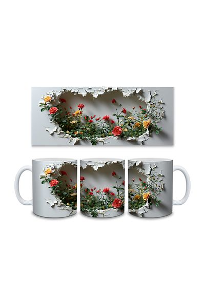Evion 3D Porcelain Mug with Roses in the Wall - Gift Mug - Printed Mug