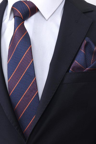 Esgue Hand Made 7.5 cm Copper Navy Blue Striped Handkerchief Tie