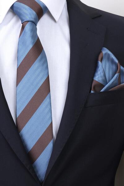 Esgue Ручна робота 7,5 см Синьо-коричнева краватка з смугастим хусткою