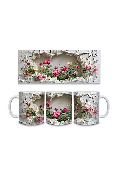Evion 3D Porcelain Mug with Roses in the Wall - Gift Mug - Printed Mug