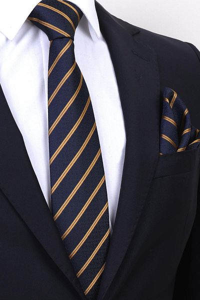 Esgue Handmade 7.5 cm Gold Yellow & Navy Blue Striped Pattern Handkerchief Tie