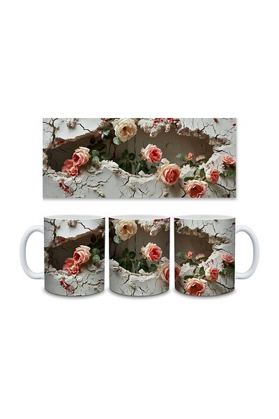 Evion 3D Porcelain Mug with Roses in the Wall - Gift Mug - Printed Mug