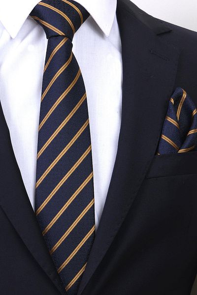 Esgue Handmade 7.5 cm Gold Yellow & Navy Blue Striped Pattern Handkerchief Tie