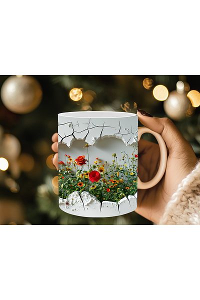 Evion 3D Porcelain Mug with Roses in the Wall - Gift Mug - Printed Mug