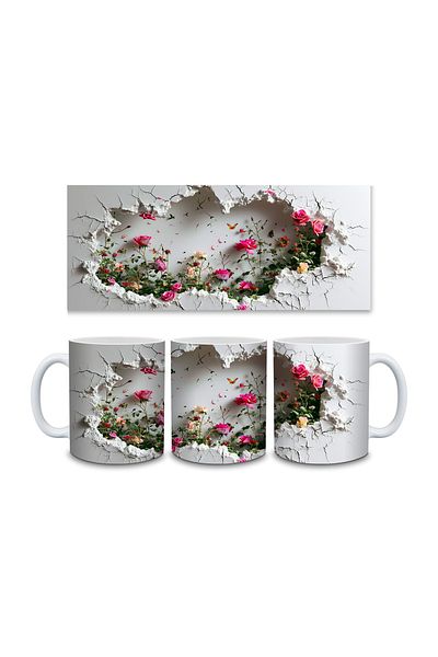 Evion 3D Porcelain Mug with Roses in the Wall - Gift Mug - Printed Mug